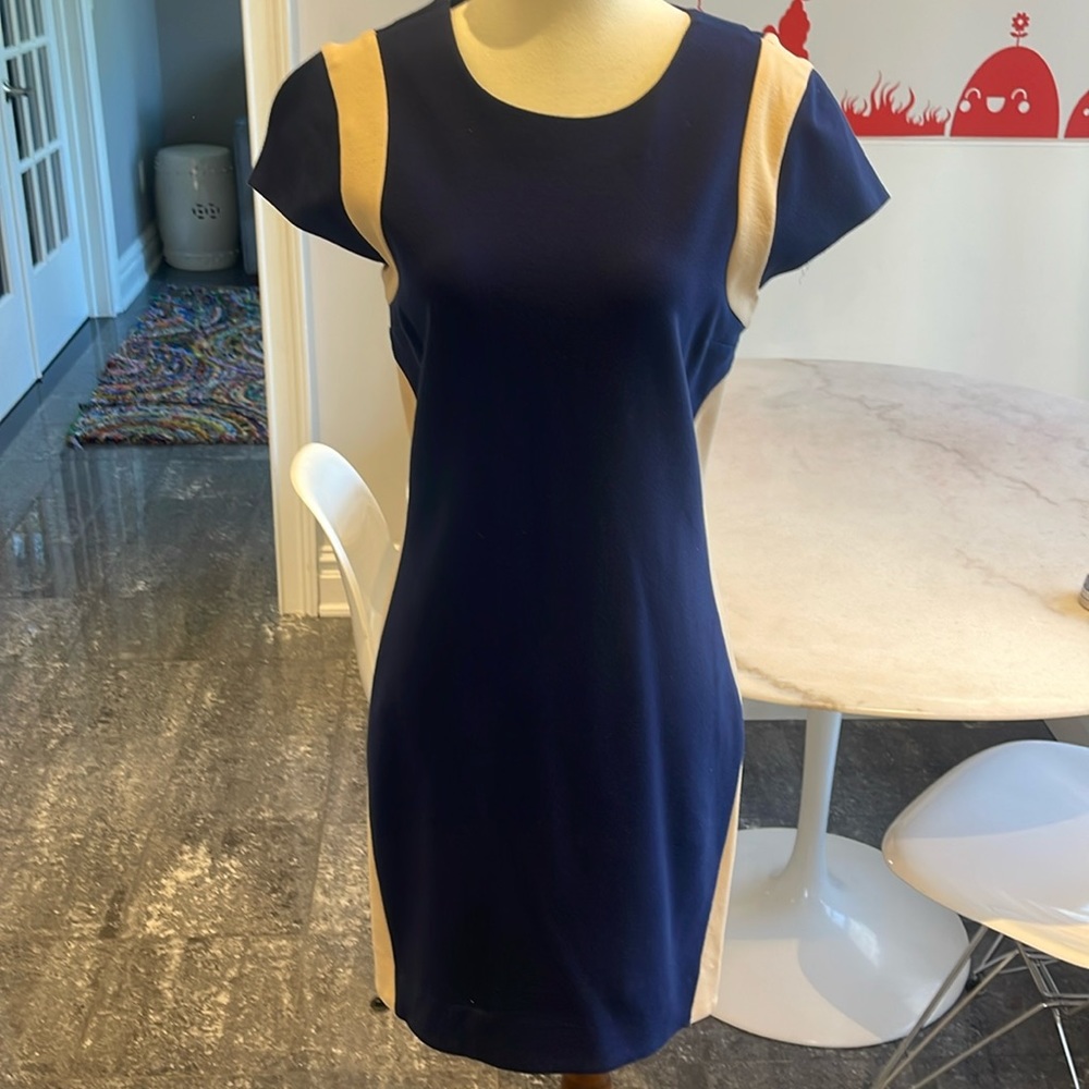 Diane von Furstenberg navy and tan body con knit dress. 8